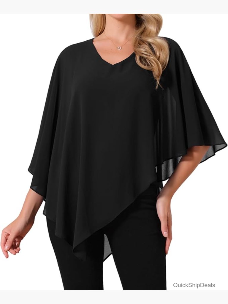 Flowy V Neck Chiffon Blouse Double Layered Cape Sleeve Tunic Top